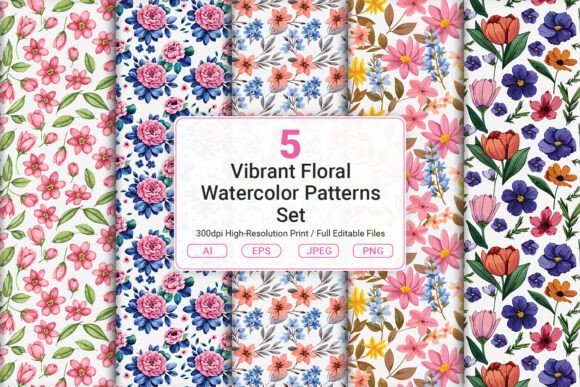 Vibrant Floral Watercolor Patterns Set